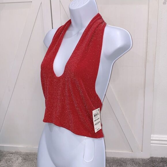 Bar lll Holiday Party Cherry On Top Red With Metallic Silver Stitch Halter Top - Picture 3 of 14